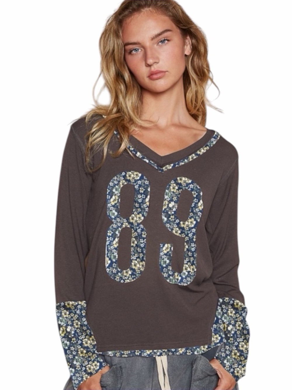 POL Mineral Gray Graphic Ribbed Top With Patchwork Designs NWT